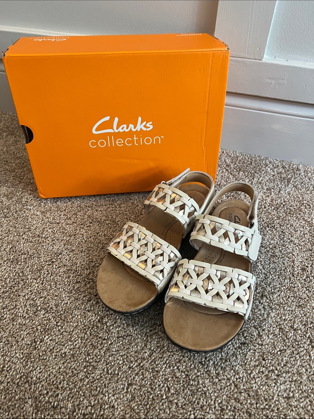 Clarks White Woven Leather Slingback Sandals